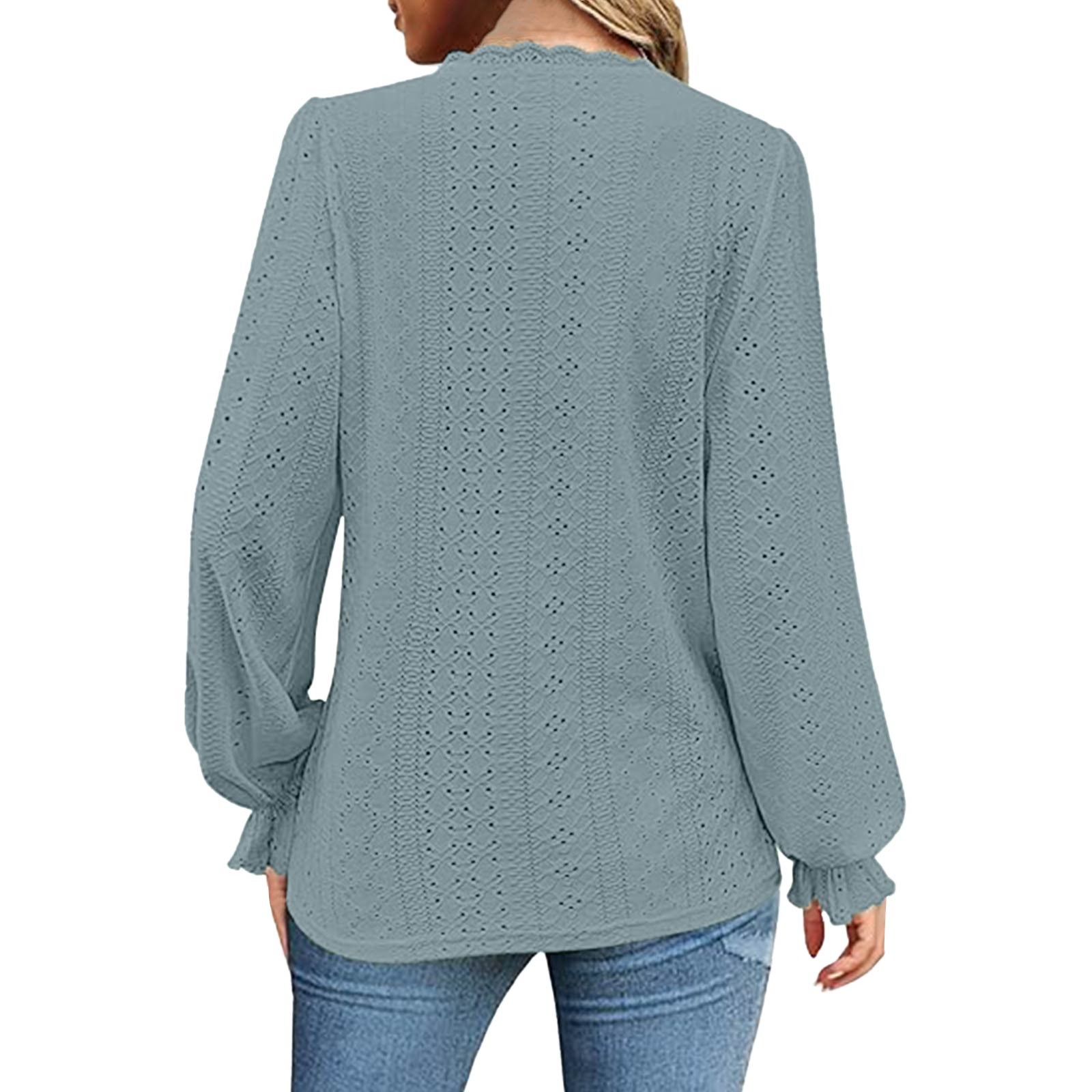 thumbnail image 2 of Top de manga larga con cuello en V y ribete de encaje para mujer - Blusa con detalle de ojales, poliéster/spandex, informal/playa - Tallas S-XXL, 2 of 6